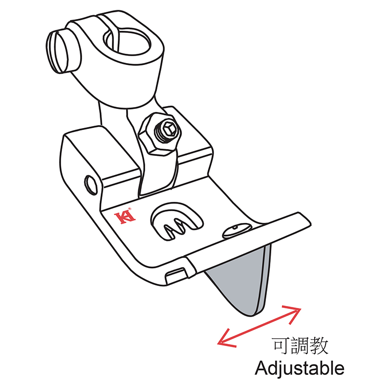 2200GK Guiding Foot — Guiding Foot for Coverstitch Machine Extended guide, can be adjusted to the left or right side of the needle hole. Presser Bar Internal Diameter: 6.0mm
