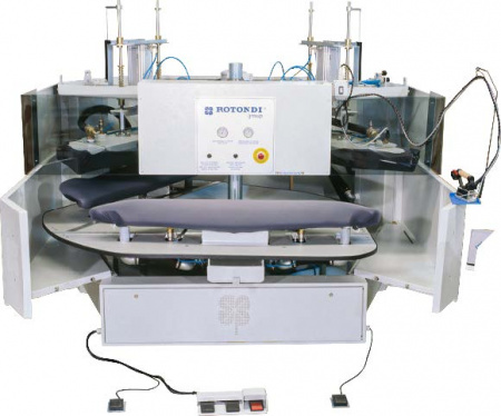 Rotondi 12RD OU-312/315 Carousel Ironing press 120 degree rotation for L&R forepart and sides and back of ladies jacket. Double bucks. Equipped with Leonardo computer