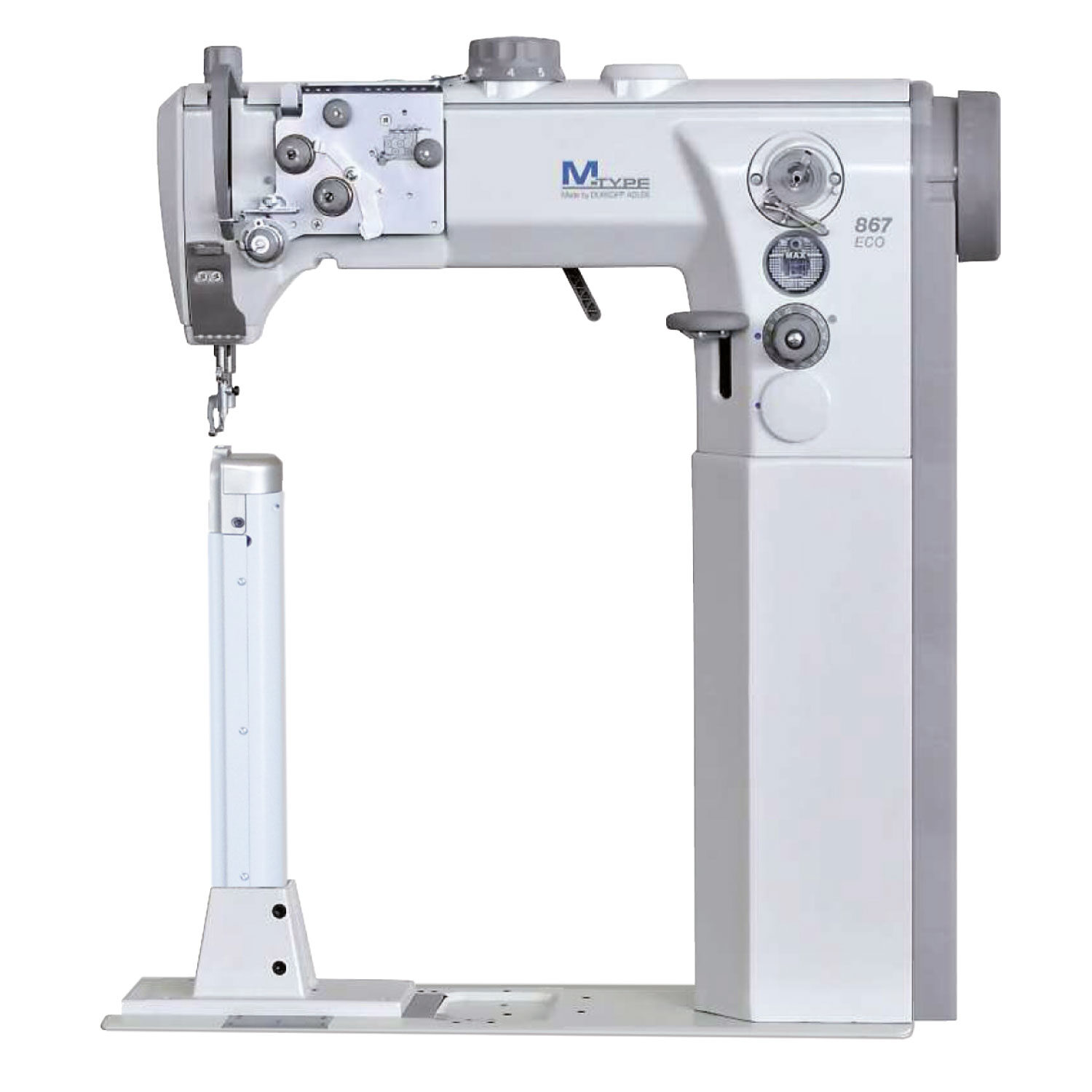 Cometa VCA 40 01 post bed, bottom feed, needle feed and alternating feet sewing machine with height adjustment up to 9 mm. Lockstitch, vertical hook.