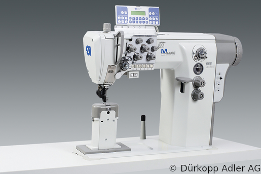 888-460522-M Dürkopp Adler 2-Needle lockstitch post bed wheel feed, needle feed and top driven roller presser also during backtacking, integrated sewing drive sewing machine (0888 990211 009)