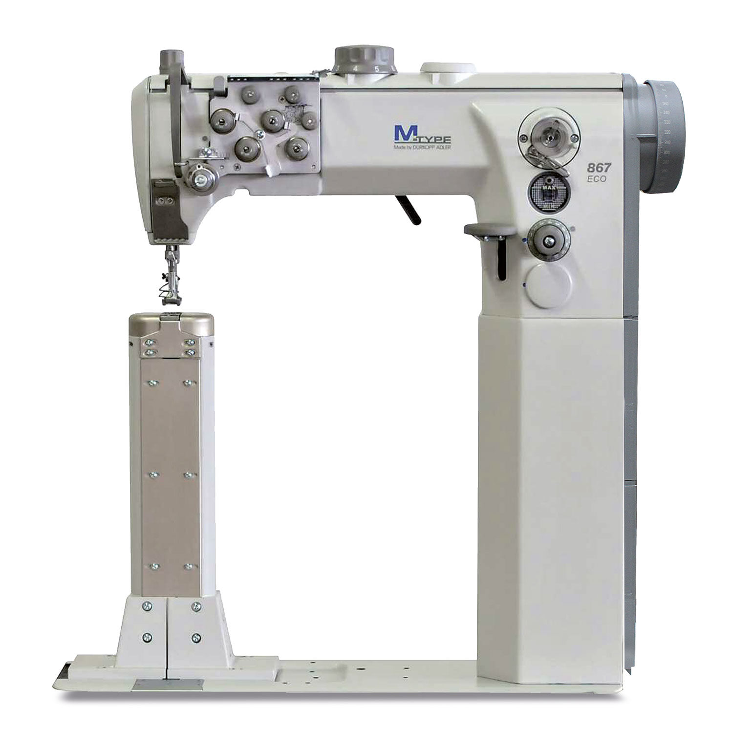Cometa VCA 40 01 2-needles, post bed, bottom feed, needle feed and alternating feet sewing machine with height adjustment up to 9 mm. Lockstitch, vertical hook