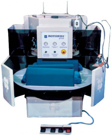 Rotondi 18RD CB-103 Carousel 180 degree rotation ironing press for L&R lapel rolling. Equipped with LEONARDO computer and precision pressing device
