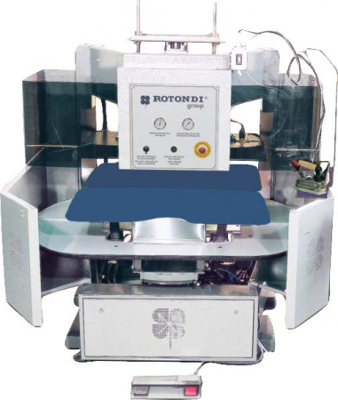 Rotondi 18RD P-16 180 degree rotation carousel for dart, side seam opening and pocket welt pressing. Equipped with Leonardo computer