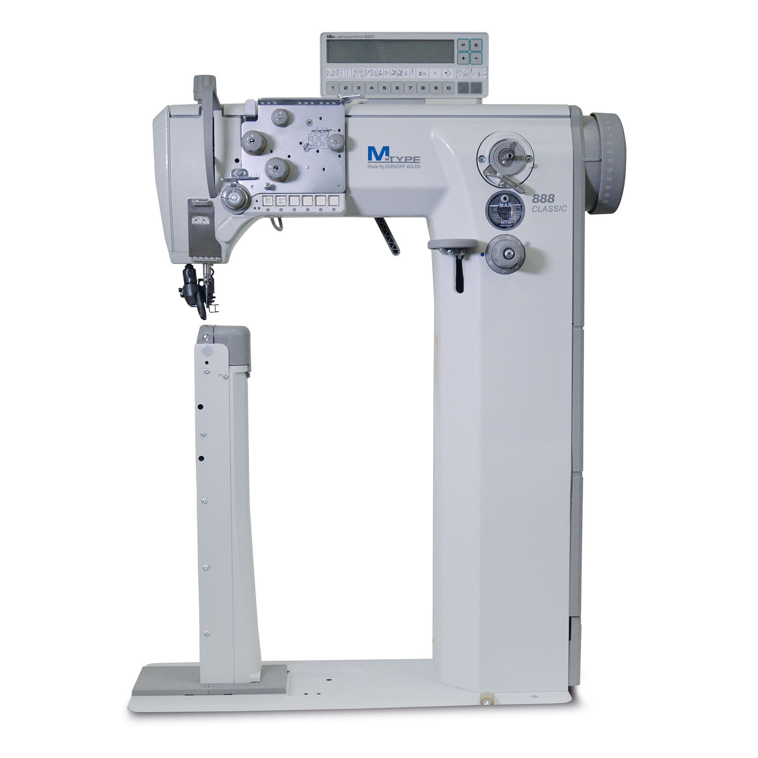 Cometa VCA 888 400 Post bed, lockstitch sewing machine, with wheel feed, needle feed and driven roller presser feed. Thread trimming.