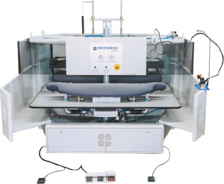 Rotondi 18RD U-315DO Carousel finishing press 180 degree rotation for ladies jacket L&R forepart. Equipped with Leonardo computer and precision pressing device